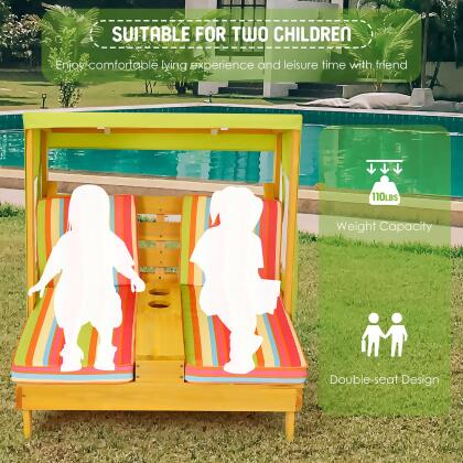 Costway Kids Double Chaise Lounge Patio Lounge Chair with Cup Holders & Awning Blue/Colorful/Brown alternate image