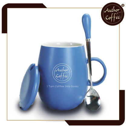 藍色_創意手工陶瓷咖啡杯_帶蓋和勺_400ML Creative Ceramic Coffee Cup (Blue) 