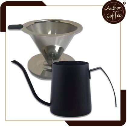 Author Coffee - 40%OFF︱優惠期間限定【欲購從速】數量有限︱免濾紙︱{雙層} ︱滴漏式︱不銹鋼︱手衝咖啡過濾器/咖啡壺過濾杯+黑色7字長嘴手沖咖啡壼250mL 