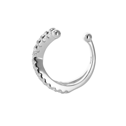 Closeup of Layered LUNA - X Pave Ear Cuff in silver, side view
