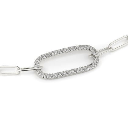 Layered MARIA Paperclip Bracelet With Pave Oval Link close up in silver