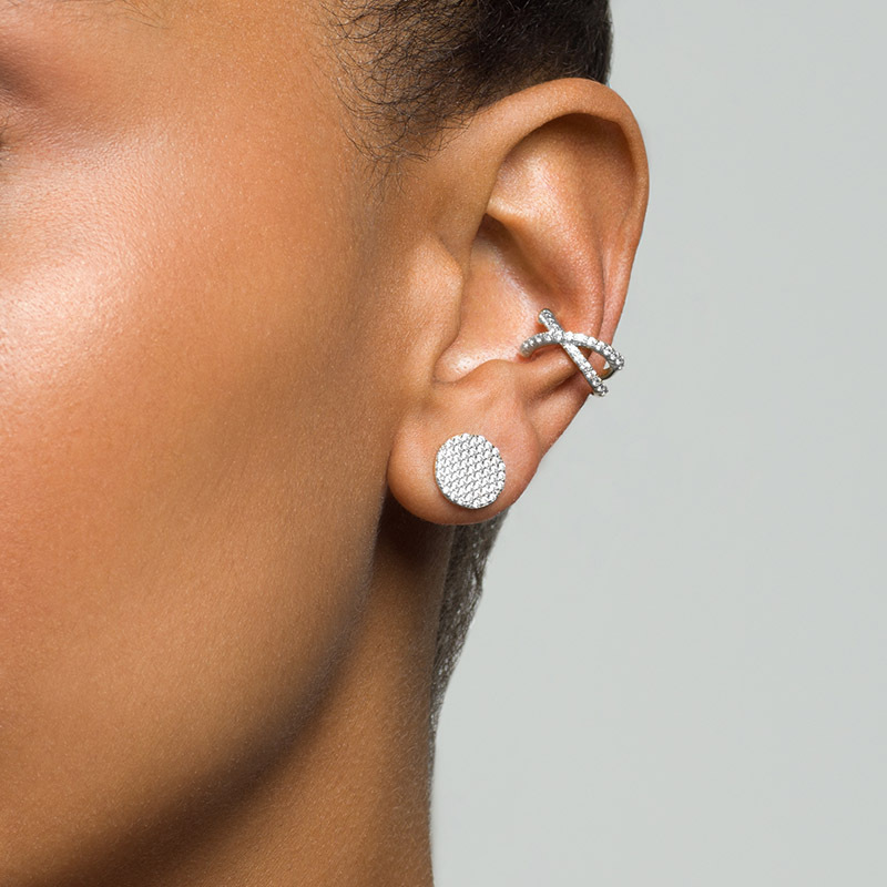 Closeup of model wearing Layered LUNA - X Pave Ear Cuff in silver with JASMINE Pave Studs 