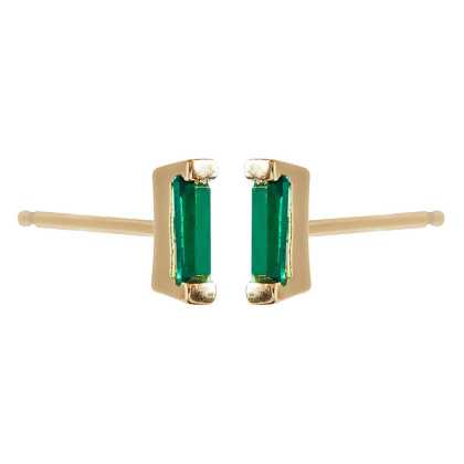 Closeup of Layered Isabella - Baguette Mini Studs, gold with green gems, side view