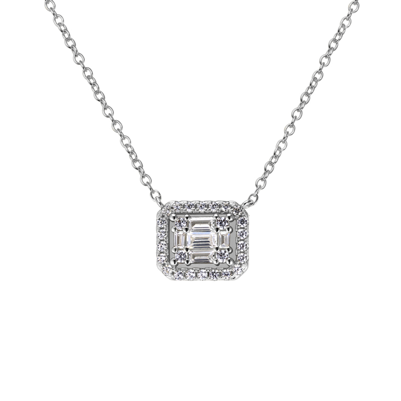 Layered KEEGAN - Illusion Halo Baguette Necklace in silver