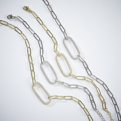MARIA - Paperclip Necklace With Pave Oval Link and MARIA - Paperclip Necklace With Pave Oval Link shown in silver and gold