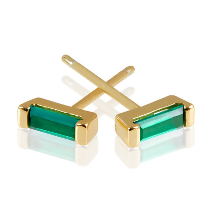 Closeup of Layered Isabella - Baguette Mini Studs, gold with green gems