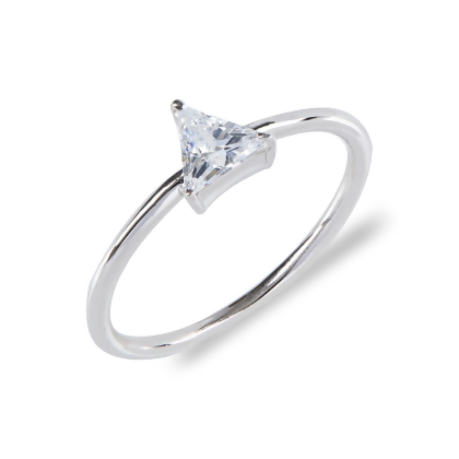 Closeup of Layered Naomi - Sleek Trillion Ring in silver with clear gem, angled view