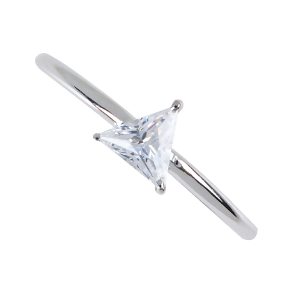 Closeup of Layered Naomi - Sleek Trillion Ring in silver with clear gem, top angled view