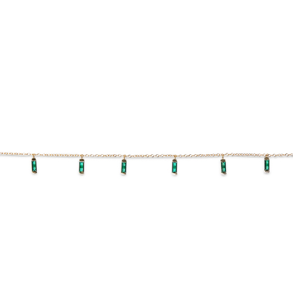 Closeup of Layered CARYN - Emerald Green Baguette Drop Necklace in gold