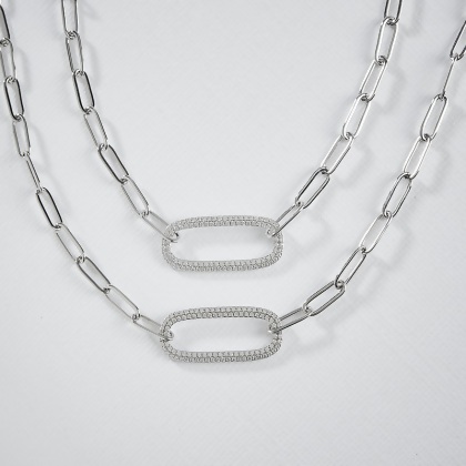 Two Layered MARIA - Paperclip Bracelet With Pave Oval Link, in silver, closeup, one shown with extender