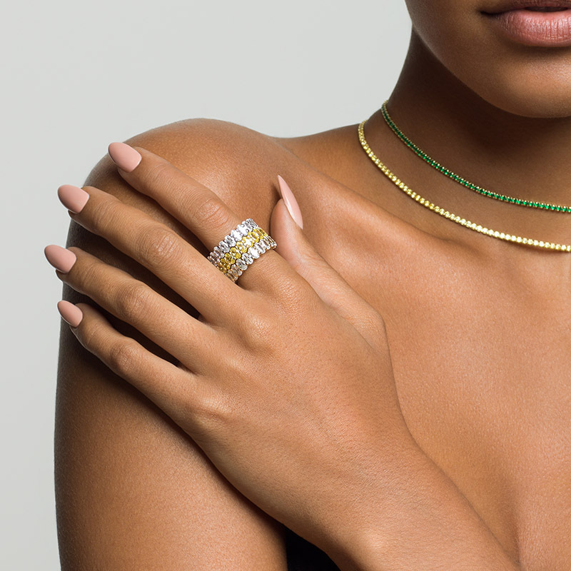 Layered Kimberly - Oval Cut Eternity bands, and Layered SIERRA - Round Cut Tennis Choker, gold with green gems