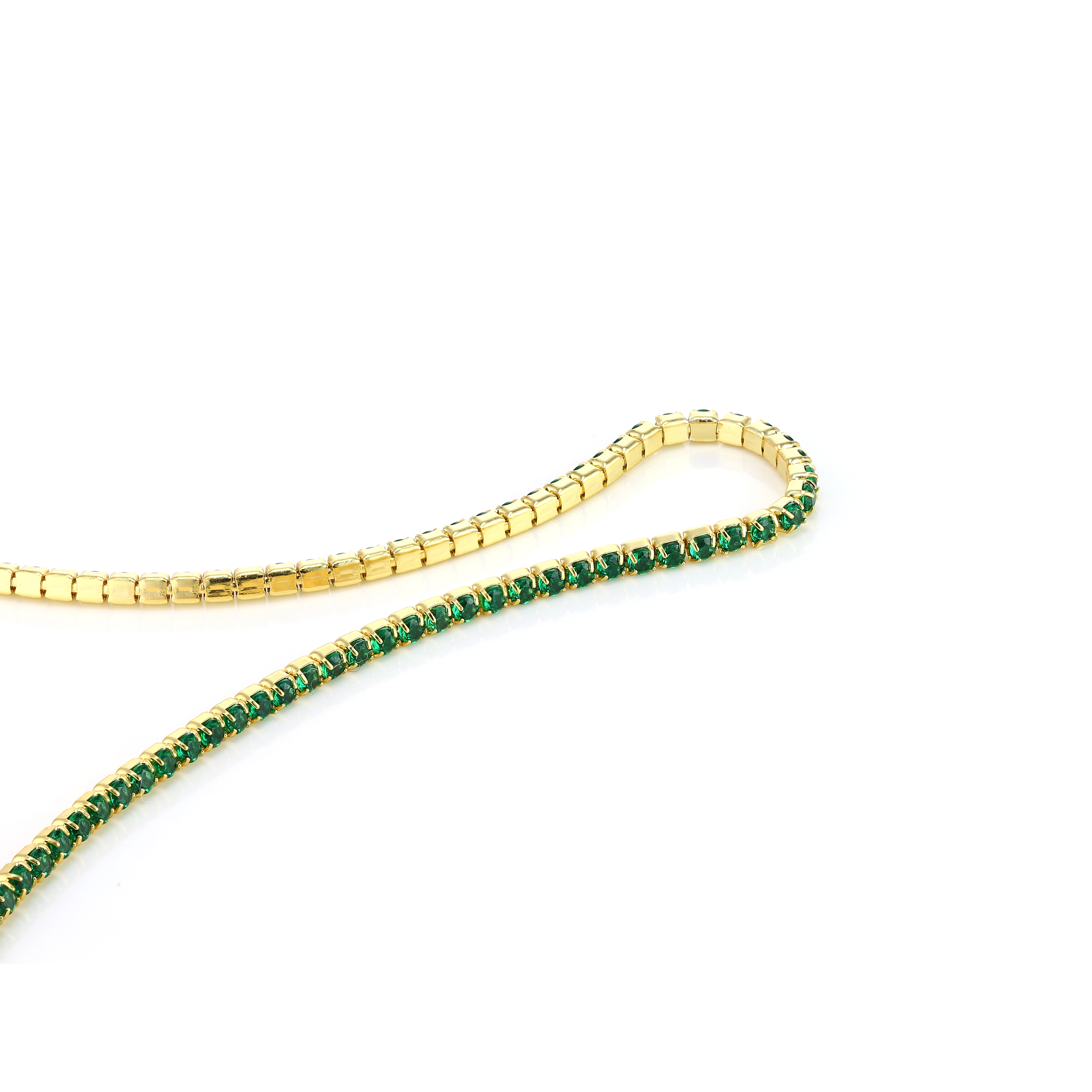 Layered SIERRA - Round Cut Tennis Choker, gold with green gems, closeup