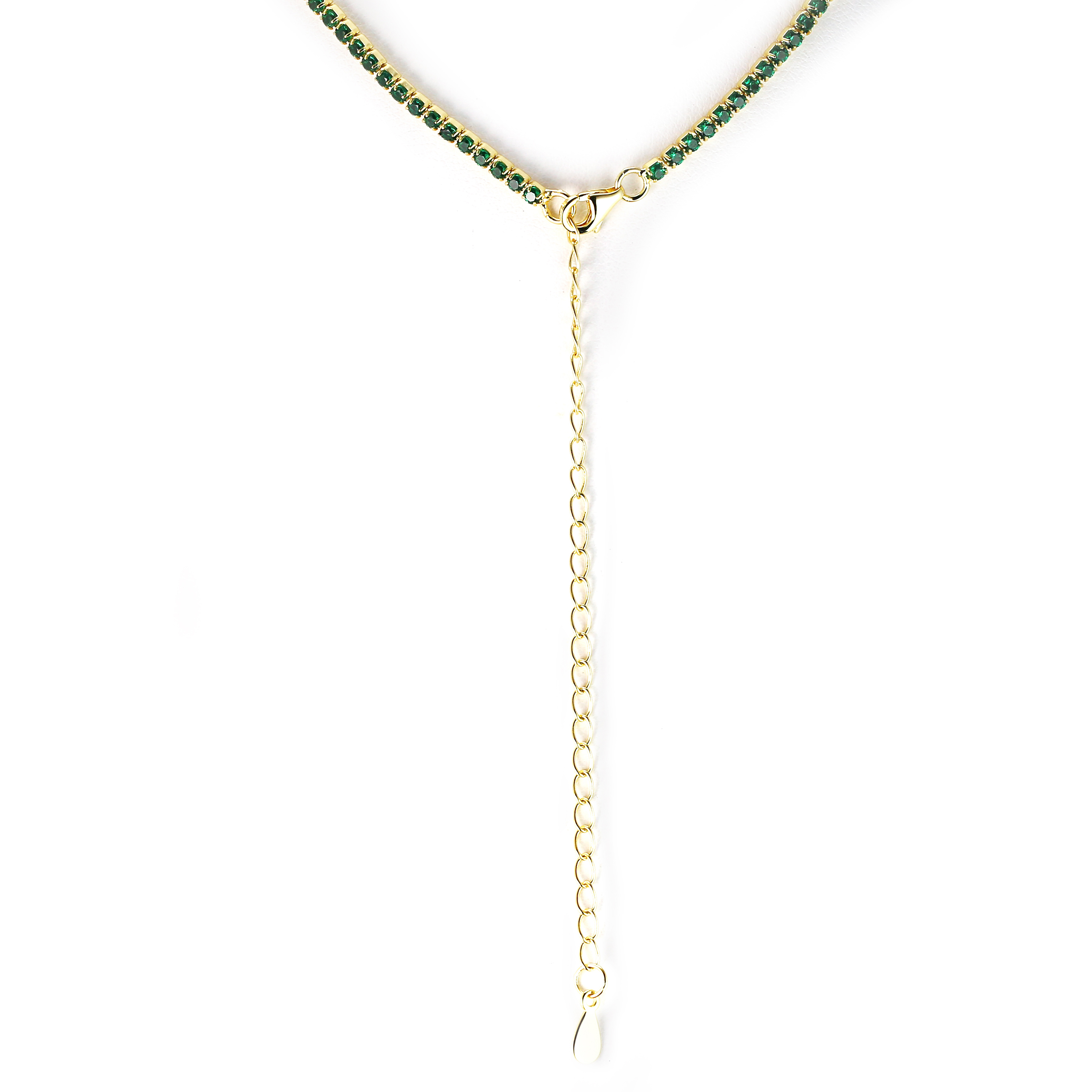 SIERRA - Round Cut Tennis Choker, gold with green gems, closeup showing extention