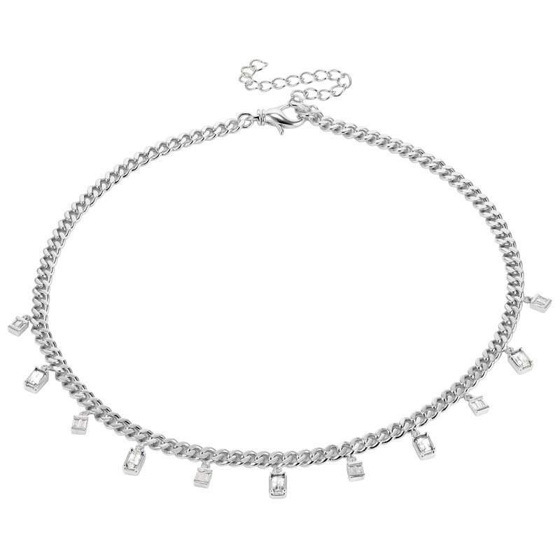 Layered SERENA - Baguette Drop Link Necklace shown in silver