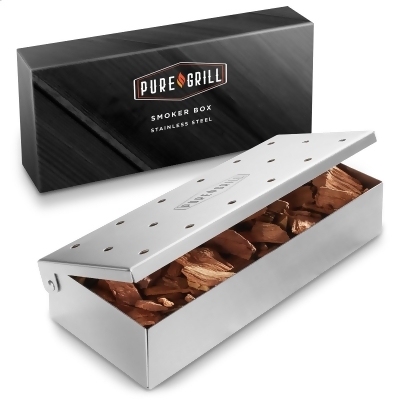 Pure Grill BBQ Smoker Box - Heavy Duty Stainless Steel with Hinged Lid for Wood Chips - Barbecue Meat Smoking for Charcoal and Gas Grills 