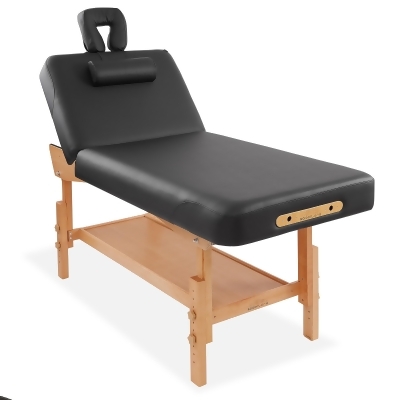 Saloniture Professional Stationary Massage Table with Backrest - Includes Shelf, Headrest, Face Cradle and Bolster - Black 