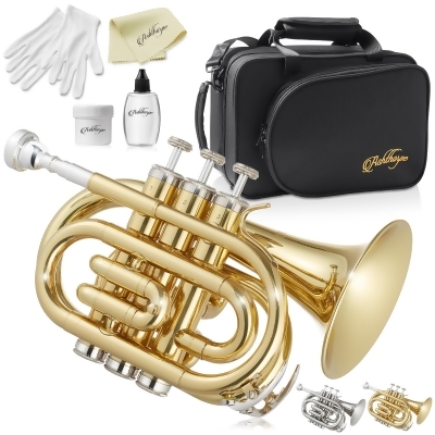 Ashthorpe Bb Brass Pocket Trumpet - Includes Case, Mouthpiece, Gloves, Cleaning Cloth, Valve Oil 