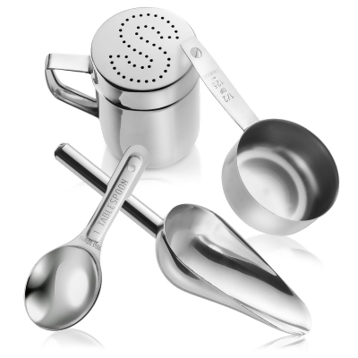 Olde Midway Stainless Steel Popcorn Machine Accessories - 4 Piece Set with Measuring Spoons, Scoop, and Salt Shaker 