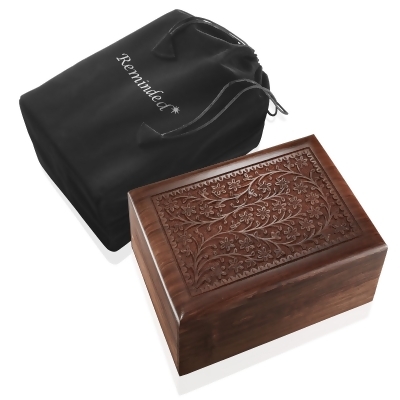 Reminded Rosewood Hand-Carved Floral Urn Box - Cremation Memorial with Velvet Bag 