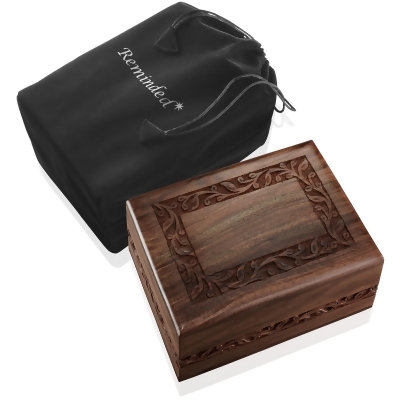 Reminded Rosewood Hand-Carved Urn Box Cremation Memorial with Velvet Bag 