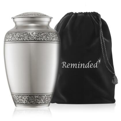 Reminded Cremation Memorial Urn for Human Ashes, Silver Adult Funeral Urn with Velvet Bag 