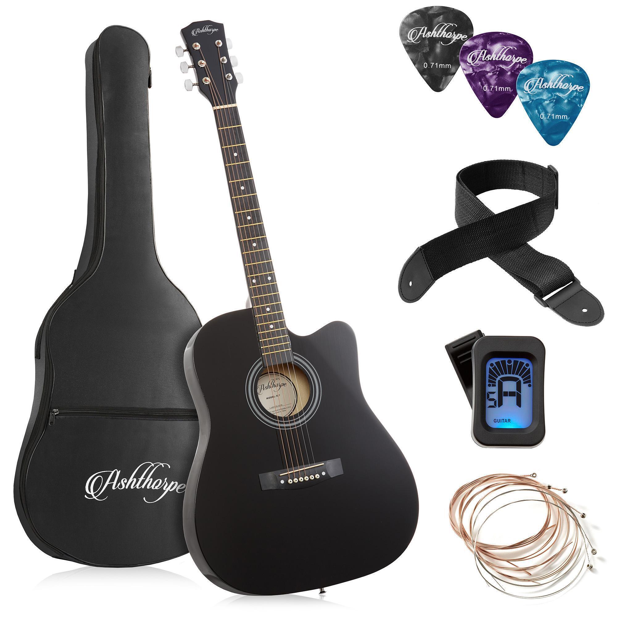 Ashthorpe 41-Inch Beginner Cutaway Acoustic Guitar Package - Black, Starter Kit w/ Gig Bag