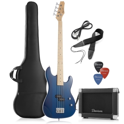 Davison Full Size Electric Bass Guitar with 15-Watt Amp - 4 String Right Handed Beginner Kit with Gig Bag and Accessories 