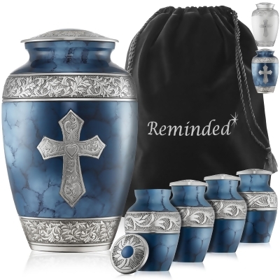 Reminded Set of 5 Engraved Cross Cremation Urns for Human Ashes - 1 Adult + 4 Keepsake Token Size 