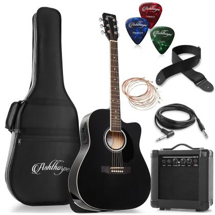 Ashthorpe Full-Size Dreadnought Cutaway Acoustic Electric Guitar Package with 10 Watt Amp 