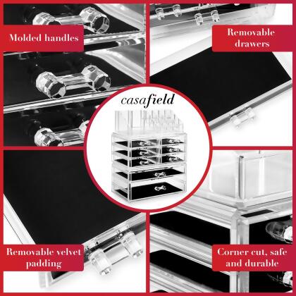 Casafield Acrylic Cosmetic Makeup Organizer & Jewelry Storage Display Case - 3 Piece Drawer Set - Clear alternate image
