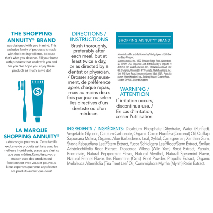 Shopping Annuity Brand Premium Natural Toothpaste Product Label. See Product Label Details section further below.
