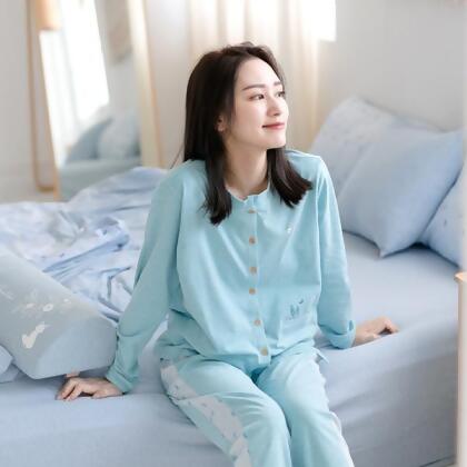 MIT有機棉不對稱衣襬開襟式家居服上衣／居家服-藍（衣） 