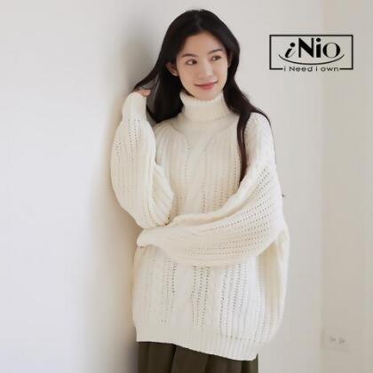 長袖上衣 現貨 高領編織毛衣 iNio 衣著美學 C0W1235 - 白色 