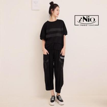 長褲 現貨 鬆緊腰 拼接 女 八分褲 休閒褲 老爺褲 iNio 衣著美學 CDW2080 - 黑綠 