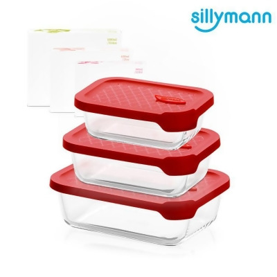 【金石堂】韓國sillymann長方型三件組100鉑金矽膠微波烤箱輕量玻璃保鮮盒組紅色 