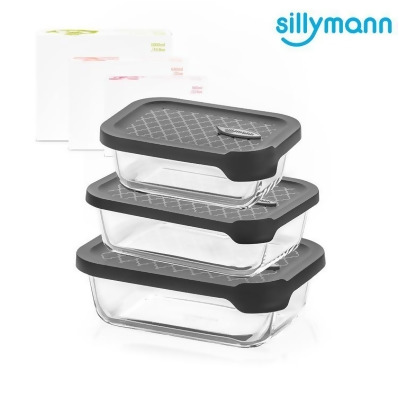 【金石堂】韓國sillymann長方型三件組100鉑金矽膠微波烤箱輕量玻璃保鮮盒組灰色 