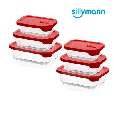 【金石堂】韓國sillymann長方型家庭六件組100鉑金矽膠微波烤箱輕量玻璃保鮮盒組紅色 