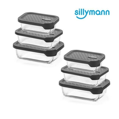 【金石堂】韓國sillymann長方型家庭六件組100鉑金矽膠微波烤箱輕量玻璃保鮮盒組灰色 