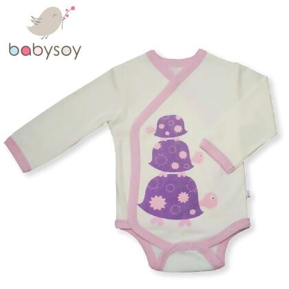 美國Babysoy 有機棉開襟式長袖包屁衣 508-紫邊烏龜 , 6-12M 