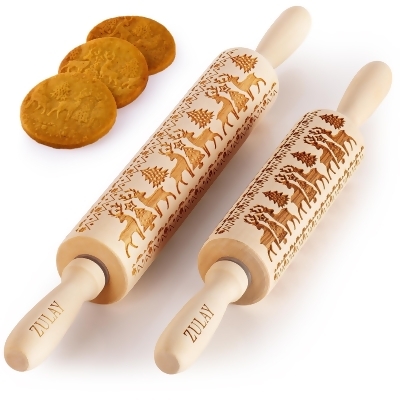 Zulay Kitchen Wooden Carved Christmas Rolling Pin - Large & Small Rolling Pins With Designs For Baking Engraved Rolling Pin with Reindeer Christmas Pattern Design 