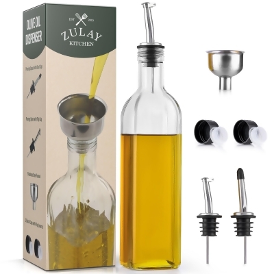 Zulay Kitchen Olive Oil Dispenser Bottle For Kitchen - Glass Olive Oil Bottle With 2 Spouts, 2 Removable Corks, 2 Caps, 1 Funnel 