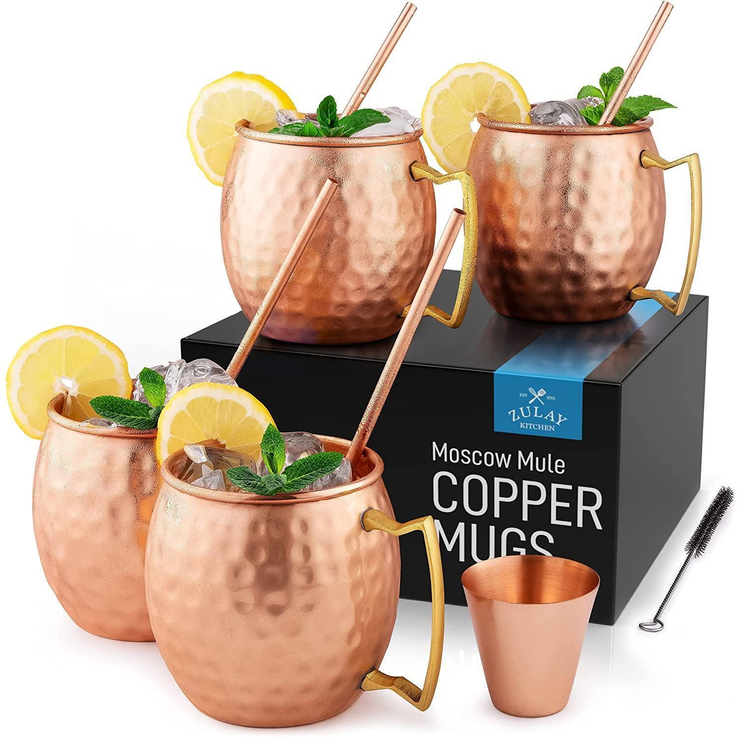 Zulay Kitchen Copper Mugs Moscow Mule Set Of 4 - 16oz Handcrafted with Hammered Finish Pure Solid Copper Set Of 4 Includes 1 Shot Glass 4 Straws 1 Cleaning Brush