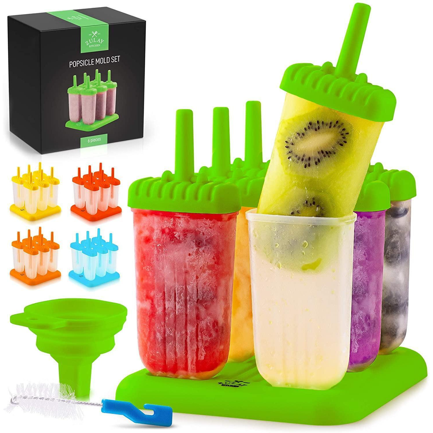Zulay Kitchen Popsicle Molds Set of 6 - BPA Free Reusable Molds With Drip Guard, Tray, Silicone Funnel & Cleaning Brush