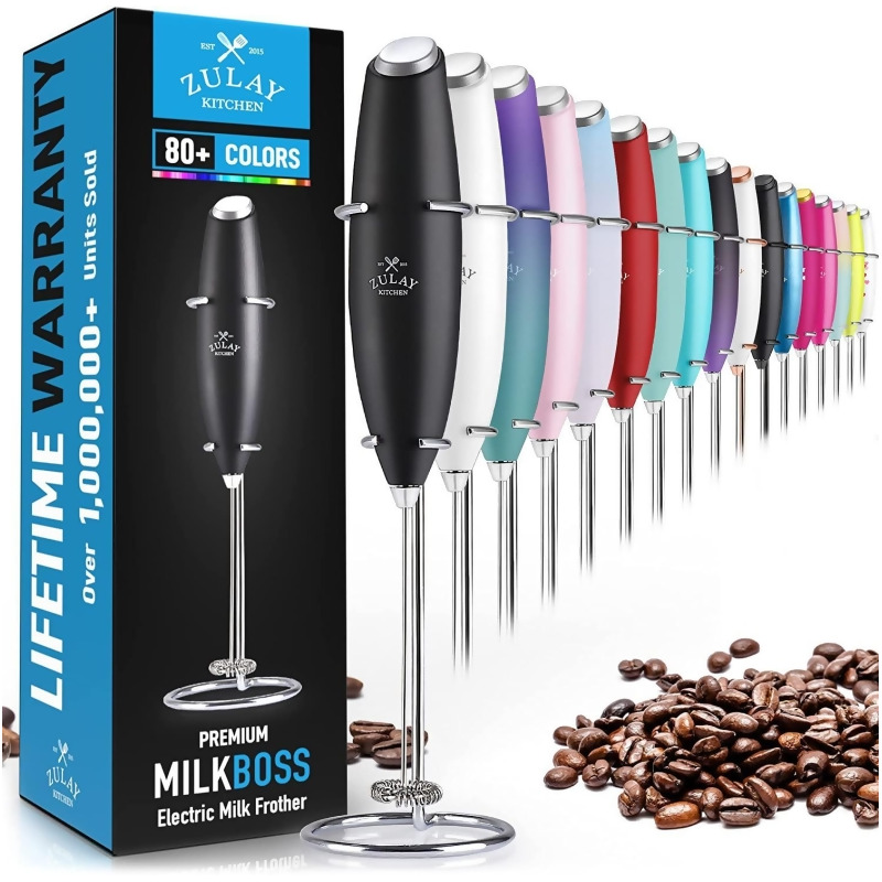 Zulay Kitchen High Powered Milk Frother Handheld Foam Maker for Lattes, Cappuccinos, Matcha, Frappe & More - Metallic Black