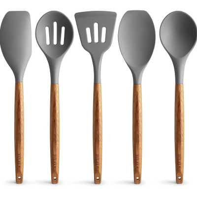 Zulay Kitchen Premium 5 Piece Silicone Cooking Utensils Set with Authentic Natural Acacia Hardwood Handles 
