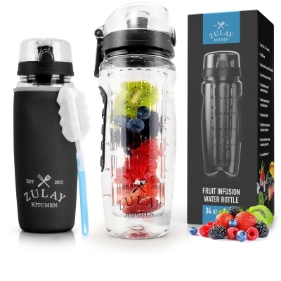 Zulay (34oz Capacity) Fruit Infuser Water Bottle With Sleeve BPA Free Anti-Slip Grip & Flip Top Lid Infused Water Bottles 