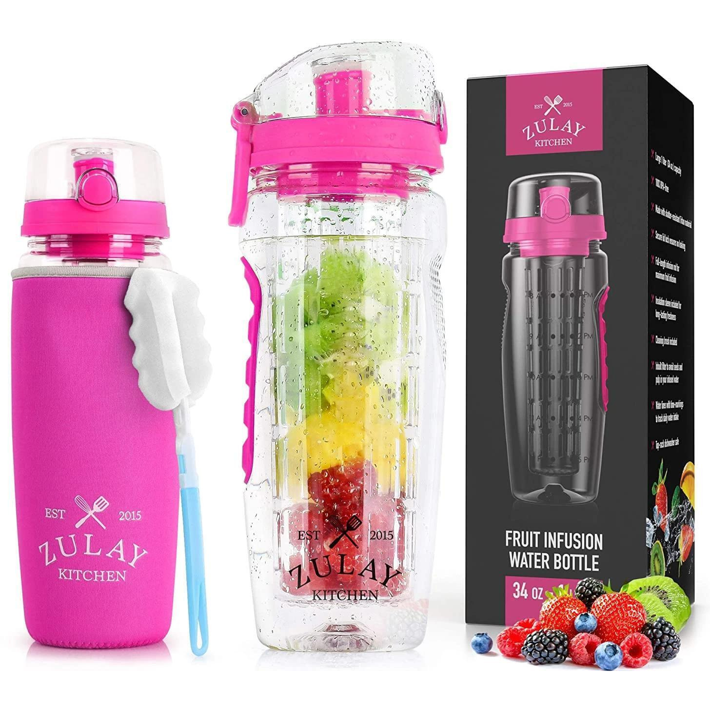 Zulay (34oz Capacity) Fruit Infuser Water Bottle With Sleeve BPA Free Anti-Slip Grip & Flip Top Lid Infused Water Bottles alternate image