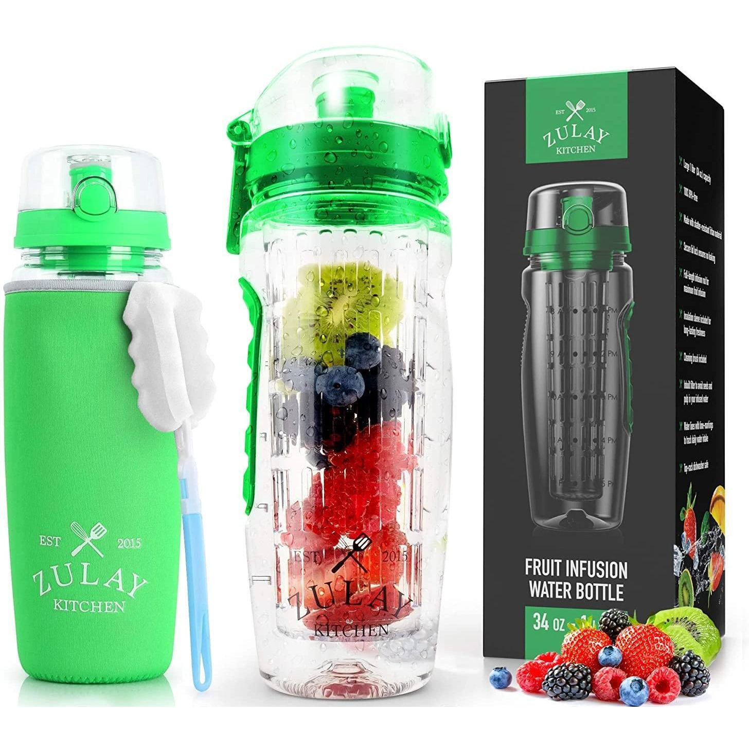 Zulay (34oz Capacity) Fruit Infuser Water Bottle With Sleeve BPA Free Anti-Slip Grip & Flip Top Lid Infused Water Bottles alternate image