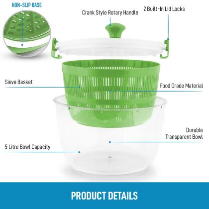 Jelly Comb Kitchen Salad Spinner Large 5L Capacity Manual Lettuce Spinner  With Secure Lid Lock & Rotary Handle Easy To Use Salad Spinners With Bowl