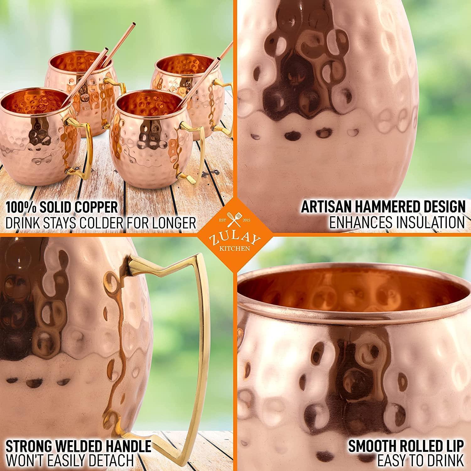 Zulay Kitchen Copper Mugs Moscow Mule Set Of 4 - 16oz Handcrafted with Hammered Finish Pure Solid Copper Set Of 4 Includes 1 Shot Glass 4 Straws 1 Cleaning Brush alternate image